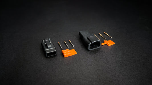 Deutsch DTM 3 Way receptacle and plug set in black with size 20 mil-spec gold-plated pins and sockets