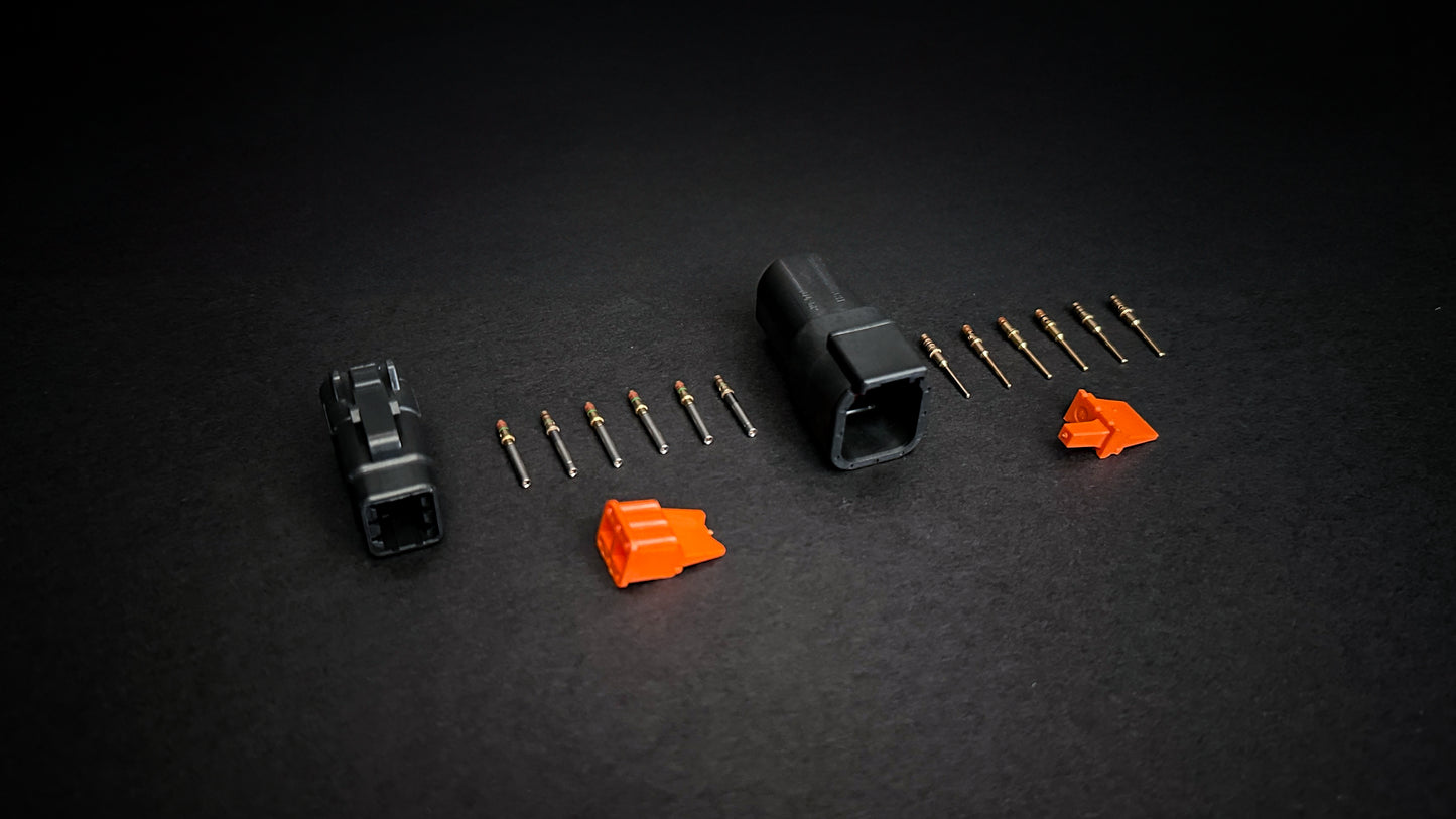 Deutsch DTM 6 Way receptacle and plug set black with size 20 mil-spec gold-plated pins and sockets