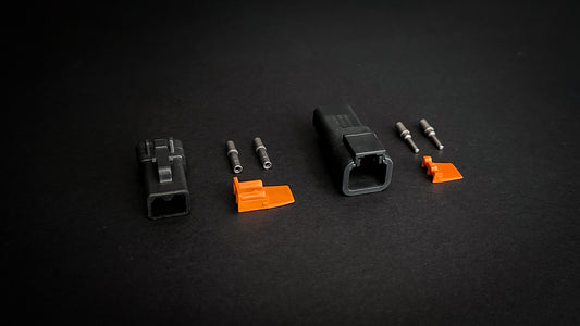 Deutsch DTP 2 Way black receptacle and plug set with size 12 nickel-plated pins and sockets