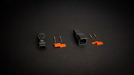 Deutsch DTM 2 Way black plug and receptacle set with size 20 mil-spec gold-plated pins and sockets