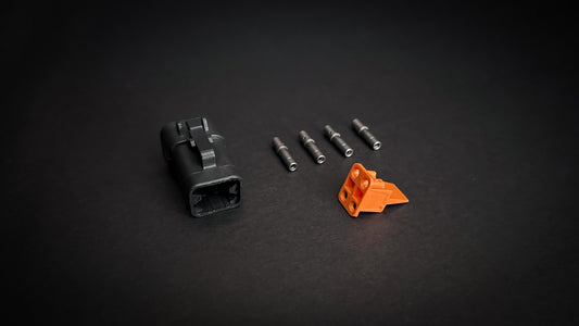 Deutsch DTP 4 Way black plug with size 12 nickel-plated pins, compatible with Haltech Nexus PDMS