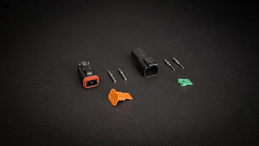 Deutsch DT 2 Way black receptacle and plug set with size 16 nickel-plated pins and sockets